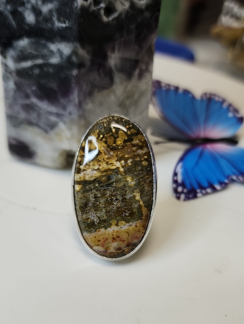 Oval Ocean Jasper Statement Ring in Green and Brown